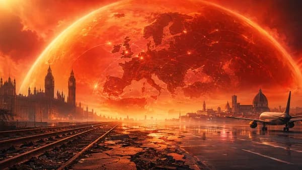 Europe heatwave visual with red heat dome over map, London and Italy skylines, and travel disruption imagery