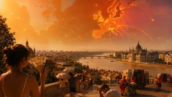Heatwave over central and eastern Europe with city skyline, world map glow, and health emergency atmosphere