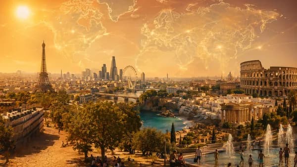 European cities under extreme heatwave with world map overlay and global connection lines.
