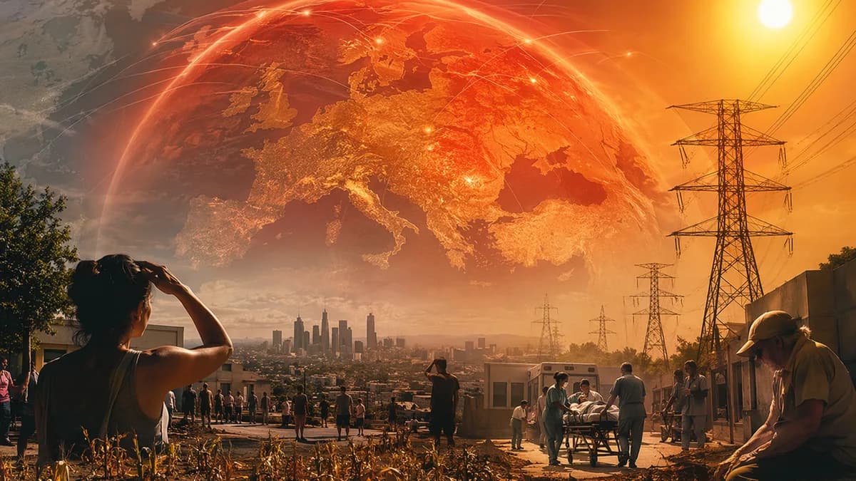 Europe heatwave shown over a world map with cities, power grids, and people in extreme heat