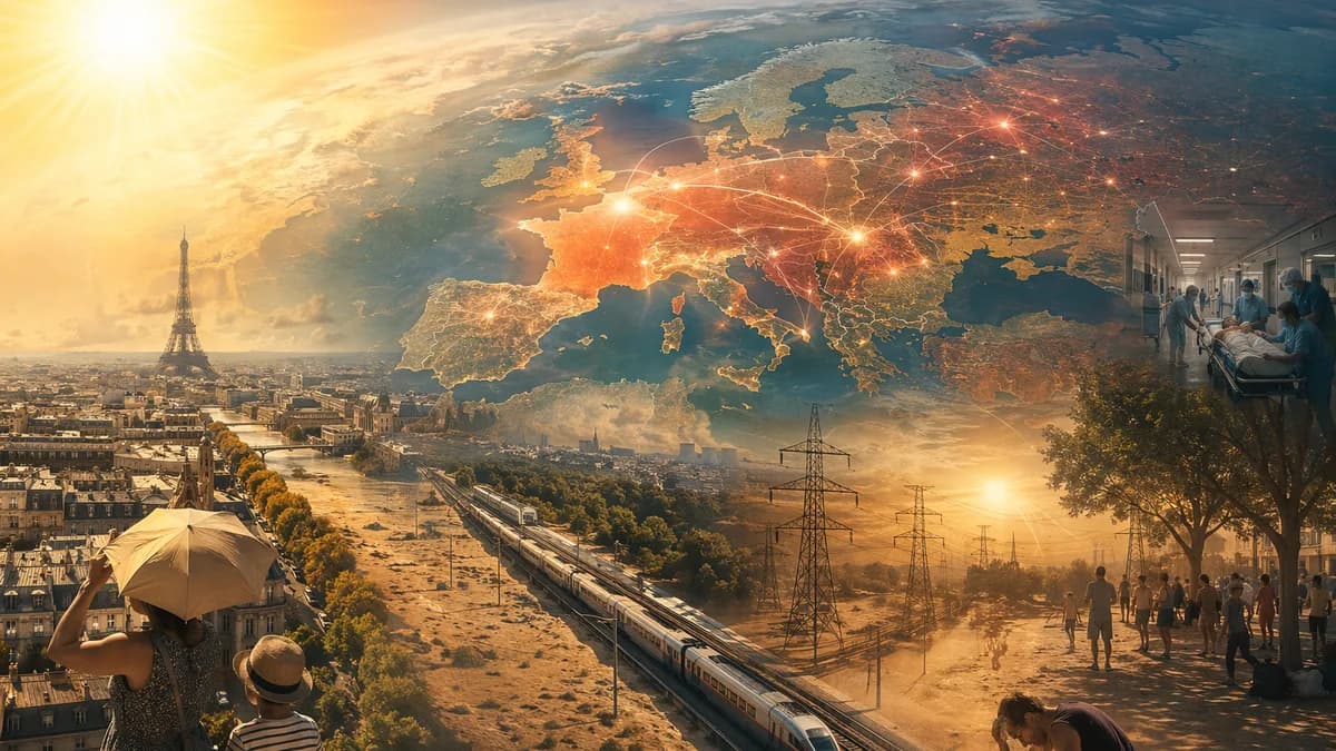 Heatwave over Europe with France highlighted, power grids, hospitals, transport, and global connections.