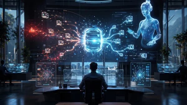 AI core in a futuristic workspace showing neural networks, probability paths, and uncertainty signals.
