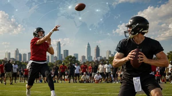 Two quarterbacks compete at a modern football training camp with a subtle global map backdrop.