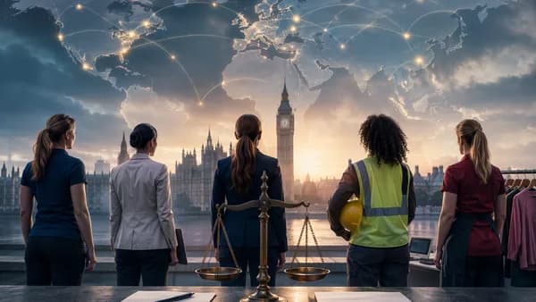 Female workers beside justice scales and UK government silhouette, symbolizing equal pay law concerns.