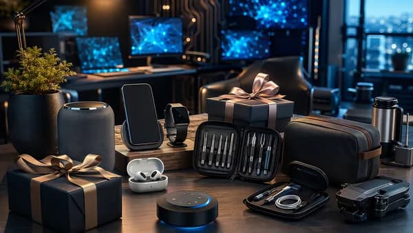 Father’s Day tech gadgets arranged on a futuristic workspace with cinematic lighting