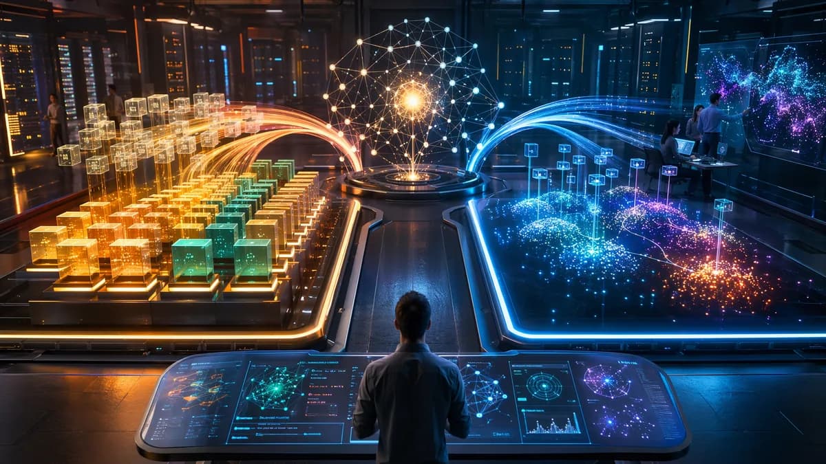 Futuristic AI workspace visualizing feature pipelines beside vector embedding clusters and neural networks