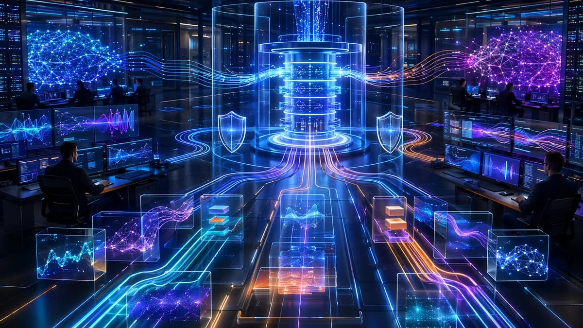 Futuristic AI feature store hub with real-time data pipelines and neural networks