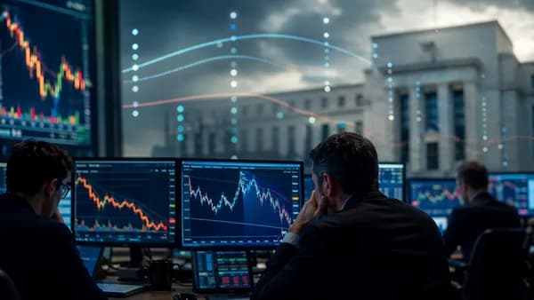 Traders watch abstract market charts as a central bank silhouette signals Fed policy uncertainty.