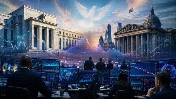 Trading floor with central bank silhouettes, market charts, and a peace motif suggesting rates on hold.