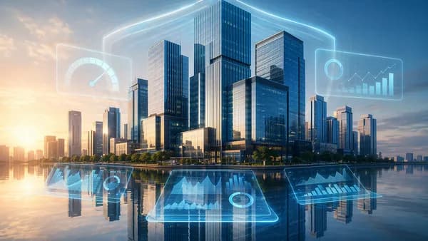 Modern bank towers with abstract risk and digital finance visuals symbolizing a passed stress test.