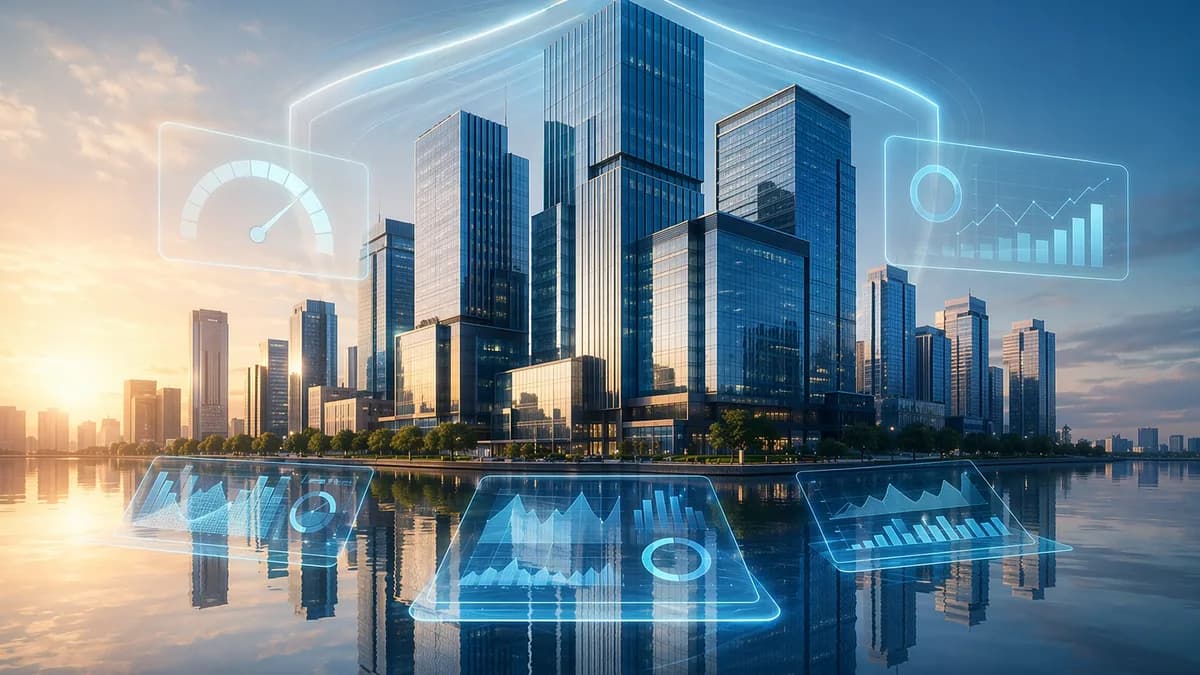 Modern bank towers with abstract risk and digital finance visuals symbolizing a passed stress test.