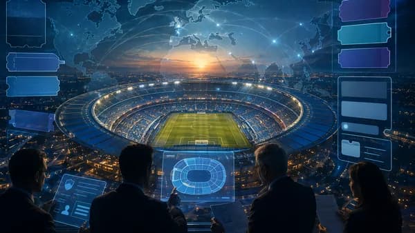 Officials examine stadium seating and ticketing visuals over a global map backdrop.