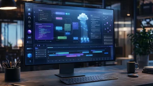 Abstract SaaS design dashboard with code layers, animation tools, AI glow, and cloud infrastructure.