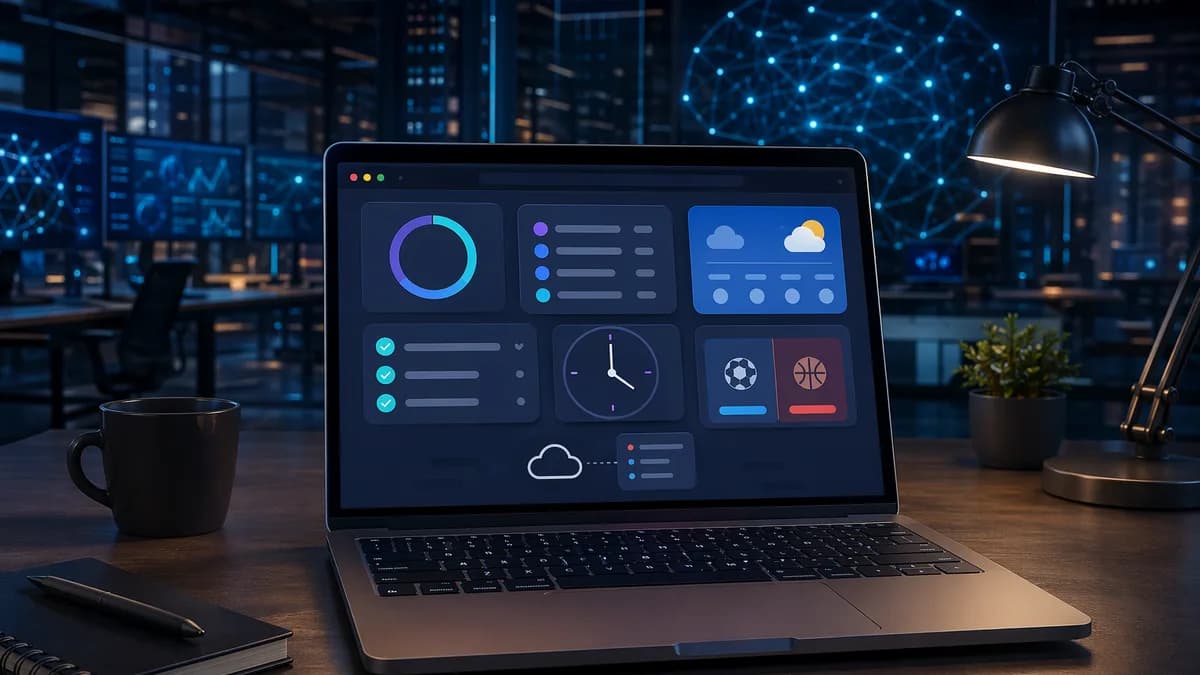 Focused tech workspace with abstract browser dashboard widgets and subtle unsynced cloud cue.