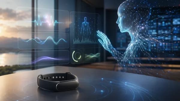 Minimal wearable fitness band with calm AI health dashboard suggesting rest and smarter wellness guidance.