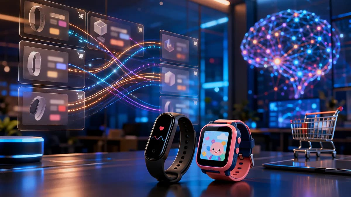 Fitness band and kids smartwatch on a futuristic desk with abstract checkout screens and circuitry.
