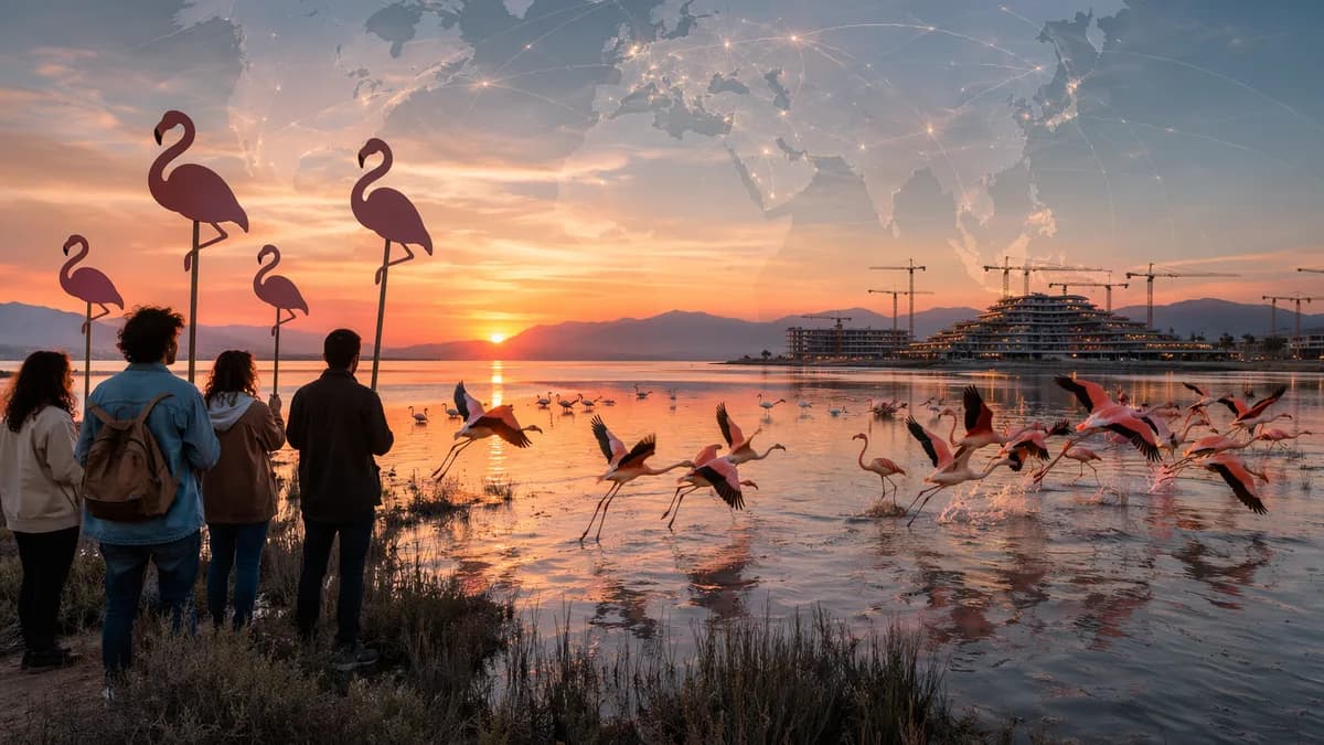 Albanian wetland protesters with flamingo symbols facing distant resort construction
