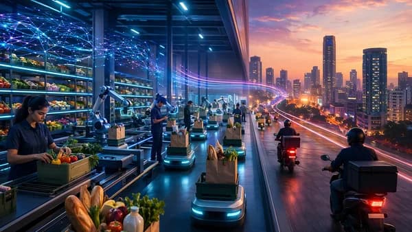 High-tech quick-commerce warehouse with robots and delivery riders in a modern Indian cityscape.
