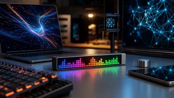 Sleek customizable desk display in a futuristic productivity workspace with glowing tech elements.
