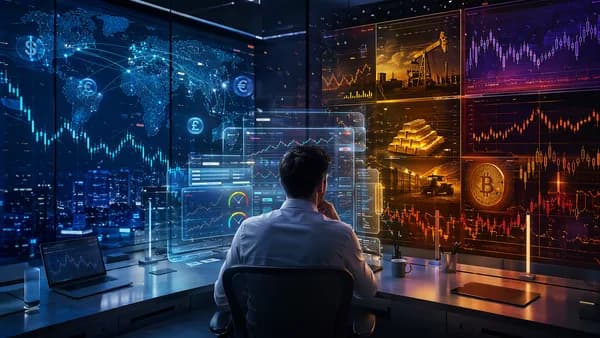 Split trading desk visualizing forex vs CFD broker choices, hidden costs, leverage, and market complexity.