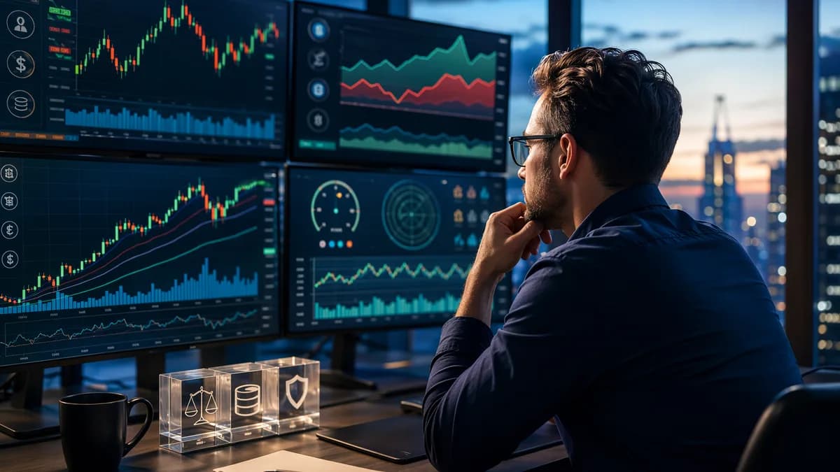 Small-account trader analyzing forex charts, spreads, and margin risk on a modern trading desk
