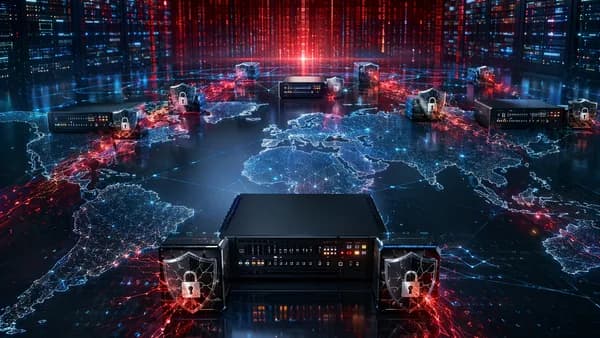 Global firewall network under cyberattack with shields, locks, servers, and dark code streams