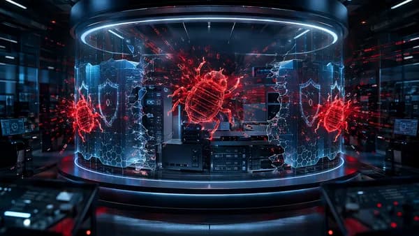 Three glowing cyber bugs breach shielded sandbox servers in a dark security operations environment.