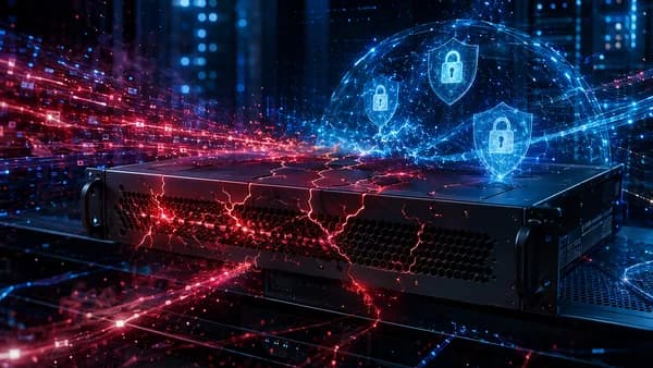 Security appliance under cyberattack with shields, locks, and code matrix in a dark server room.
