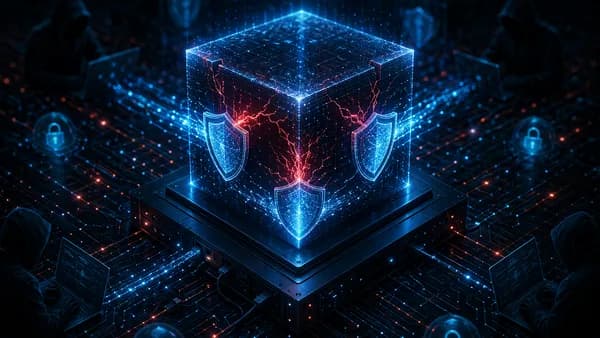 Cybersecurity appliance under attack with shields patching three glowing vulnerabilities