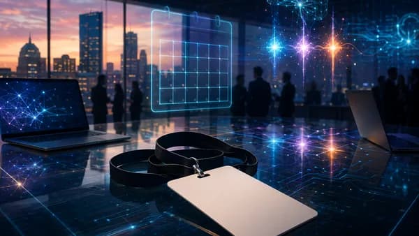 Blank conference pass with glowing countdown elements in a futuristic founder workspace