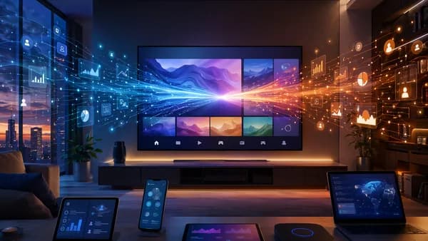 Smart TV control center with data streams symbolizing a media acquisition and connected advertising.