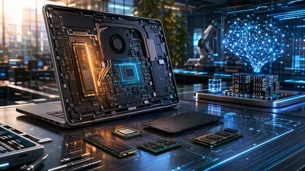 Open modular laptop with SSD and CPU parts in a futuristic tech workspace.