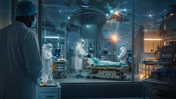 French hospital isolation scene with global map links symbolizing an imported Ebola case