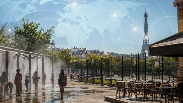 Paris heat wave scene with shaded crowds, closed sports area, and subtle global map connections.