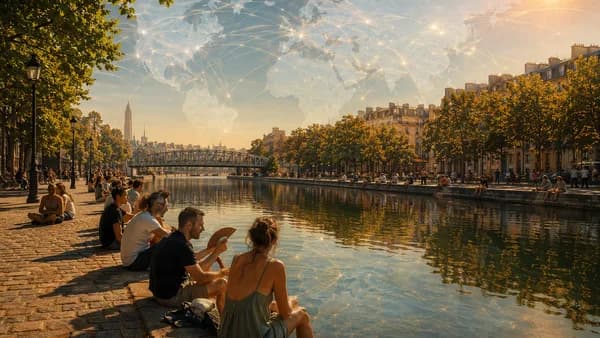 Parisians cool off by Canal Saint-Martin during an intense heatwave under a global climate backdrop.