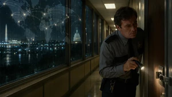 Security guard notices a door latch amid geopolitical world map imagery, evoking Watergate.