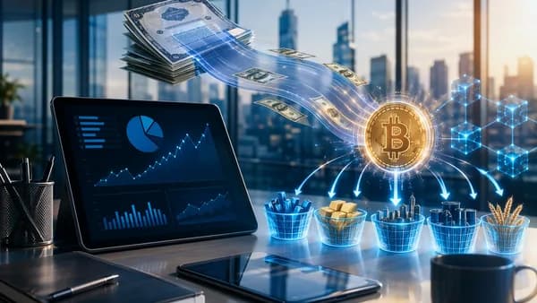Dividend streams from traditional investments flow into a glowing bitcoin-like coin on a fintech dashboard.