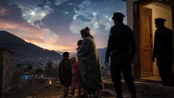 Symbolic police rescue of a woman and children in Pakistan with global map connections.