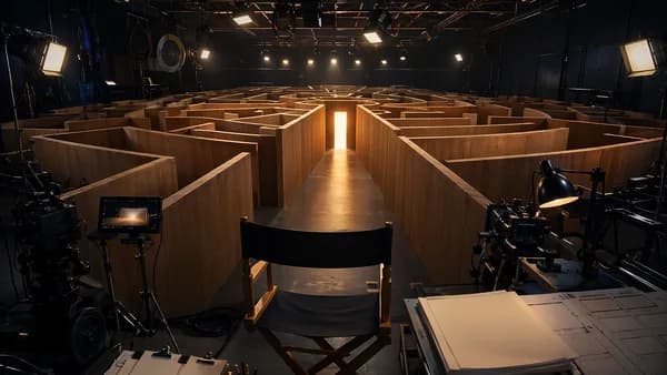 A mysterious TV soundstage maze converges toward a glowing exit, suggesting a carefully planned finale.