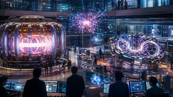 Futuristic fusion reactor lab with glowing plasma, screens, circuits, and engineers observing.