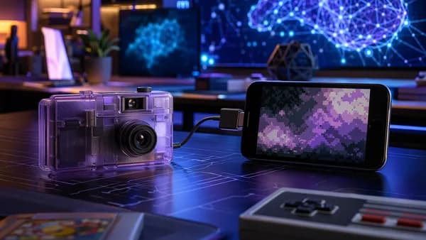 Retro handheld camera cartridge connected to a smartphone in a sleek futuristic tech workspace