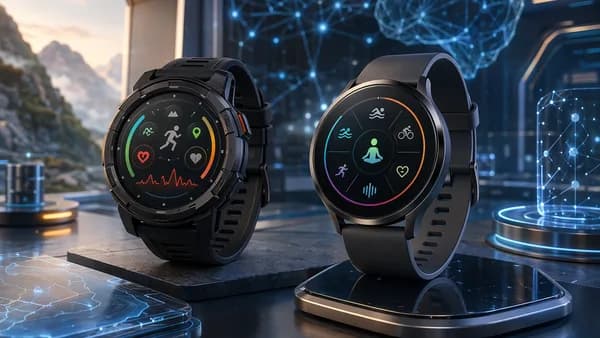Two unbranded flagship smartwatches compared on a futuristic tech desk with glowing fitness data visuals.