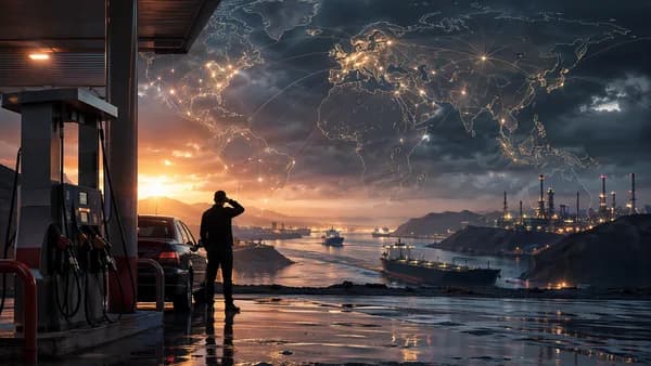 Gas pump, oil tankers, and glowing world map evoke global energy anxiety and geopolitical shocks.