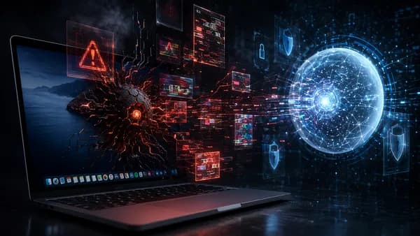 Dark cyber scene of malware deceiving AI analysis with shields, locks, glitches, and encrypted data streams.