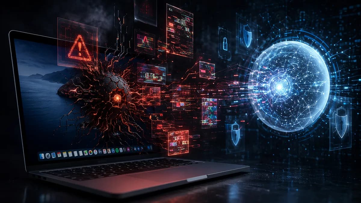 Dark cyber scene of malware deceiving AI analysis with shields, locks, glitches, and encrypted data streams.
