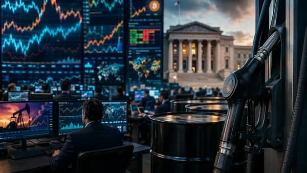 Gas pump, oil barrels, and trading screens symbolize fuel price scrutiny and market volatility.