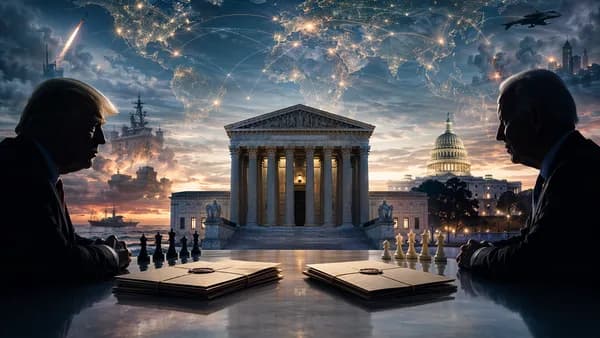 Symbolic U.S. political investigation scene with courthouse, rival silhouettes, documents, and global map.