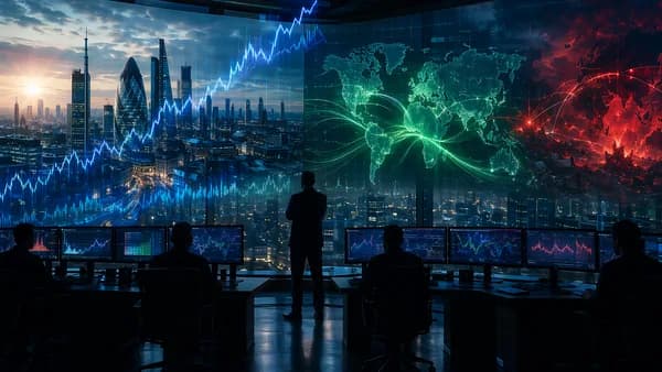 London trading floor with rising market charts and global currency flows after UK political shift
