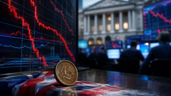 Forex trading scene with UK-themed coin and falling market charts signaling a weaker pound