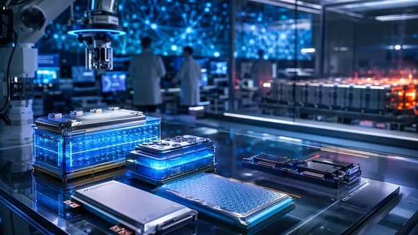 Futuristic lab with glowing gel battery prototypes contrasted against lithium-ion safety risk imagery.